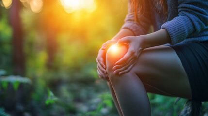 
Young woman holding her knee in pain, World Arthritis Day.

