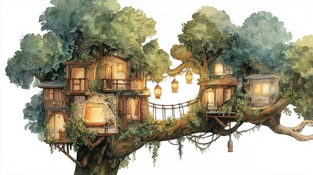 Watercolor illustration of an imaginative treehouse built among large branches with glowing lanterns, rope bridges, and cozy wooden rooms, magical storybook atmosphere, generative ai illustration.