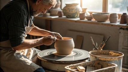 Artist shaping clay on a pottery wheel indoors