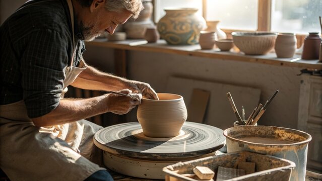 Artist shaping clay on a pottery wheel indoors