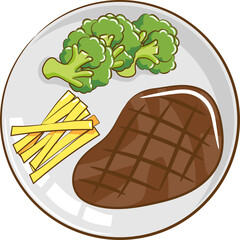 Stylized Illustration of Grilled Steak French Fries and Broccoli Florets Served on a White Plate with a Transparent Background