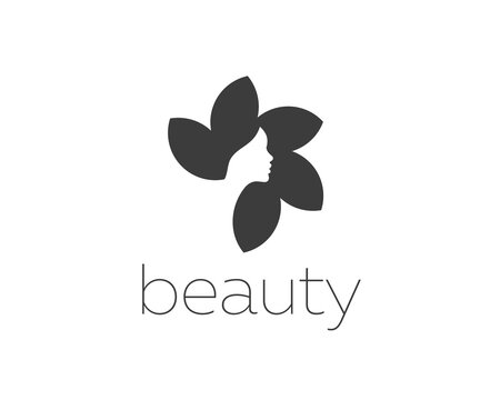 Beautiful woman face flower star logo design template. Hair, girl, sun negative space logotype. Abstract design concept for beauty salon, massage, magazine, cosmetic and spa. Premium  icon
