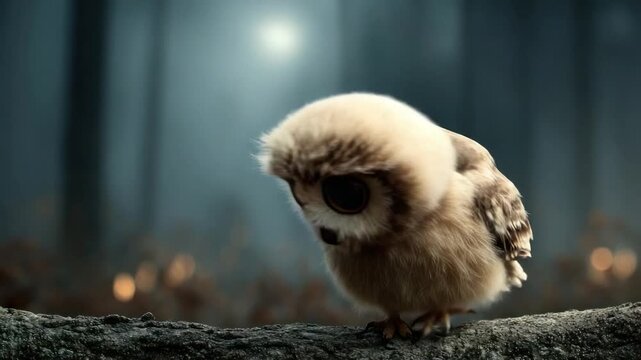 A fluffy owlet perched on a branch, looking down, with blurred background and bokeh lights