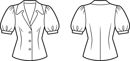 Women’s blouse flat sketch, puff sleeve princess seam design, notched collar button down garment drawing, short sleeve fashion illustration, cad drawing flat vector illustration © Asif's Creatives