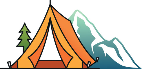 Stylized illustration of an orange camping tent pitched in front of a blue mountain range and green pine trees isolated on transparent background and vector.