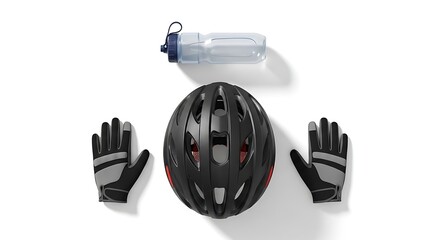 3D bicycle helmet, gloves, and water bottle on white background, flat lay sports gear, isolated, realistic fitness equipment photo.
