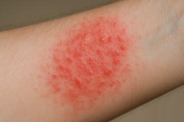 Fototapeta premium Rash caused by allergy and dermatitis shows red inflamed skin with irritation and swelling on forearm surface