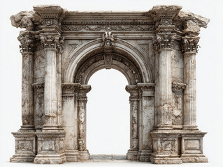 Obraz premium Ancient archway, weathered columns, central lintel with sculptures, grayish-brown and green patches, ambient lighting, soft shadows, stone textures, three-dimensional perspective, archi - AI-Generated