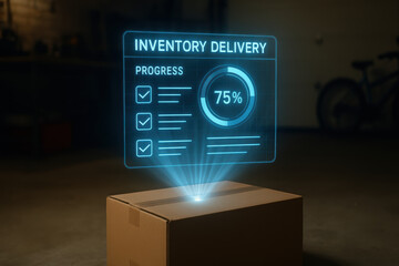 Inventory delivery progress with digital checklist status update shows futuristic technology for shipping and logistics solutions