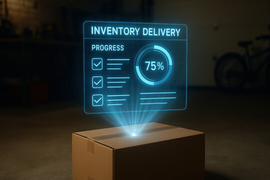 Inventory delivery progress with digital checklist status update shows futuristic technology for shipping and logistics solutions