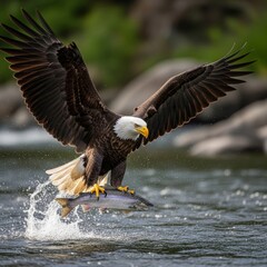 Naklejka premium Bald Eagle Flying with Fish: American Symbol of Freedom & Power