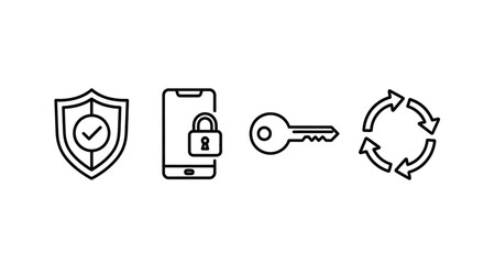 Digital security icons set featuring shield lock key and refresh symbols for online safety vector