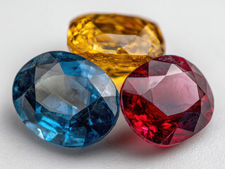 Fototapeta premium Close-up view of three faceted gemstones in varying colors deep blue, orange, red on textured white background Highlights and shadows enhance three-dimensional appearance - AI-Generated