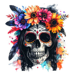 Fototapeta premium Dia de Muertos-style sugar skull with vibrant face paint, flowers, and braids, featuring colorful watercolor and ink splatters.