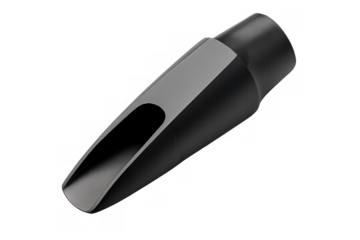 Black saxophone mouthpiece for woodwind instruments, essential for producing music. Transparent background