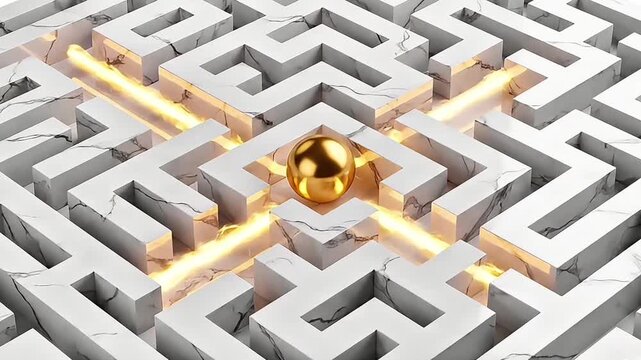 Golden sphere finds the center of a marble maze, symbolizing problem-solving and finding a solution