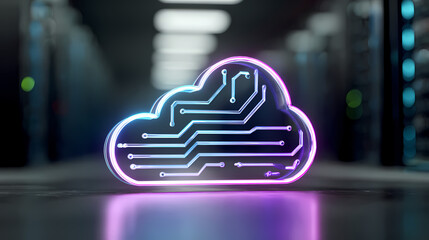 Illuminated cloud-shaped icon with circuit board design in a server room, symbolizing cloud computing and data storage