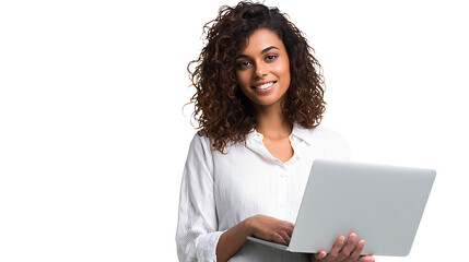 Smiling young woman using laptop isolated on a white background
