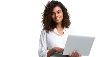 Smiling young woman using laptop isolated on a white background