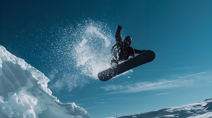 Naklejka premium a snowboarder performing a daring jump, soaring through the air against a clear blue sky