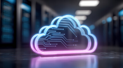 Fototapeta premium An illuminated cloud icon with digital lines set against a server room backdrop