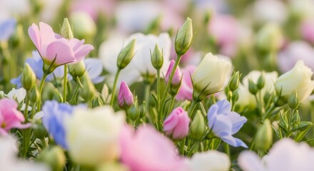 Obraz premium Close up of a bush of blooming eustoma flowers and buds. Field of colorful flowers for spring, summer, background, garden and backyard concept.
