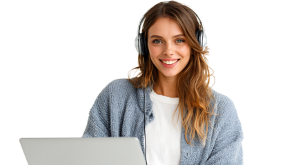 Smiling woman with headphones video chatting on laptop, isolated on a white background