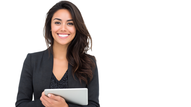 Cheerful Latina businesswoman with tablet in hands isolated on a white background