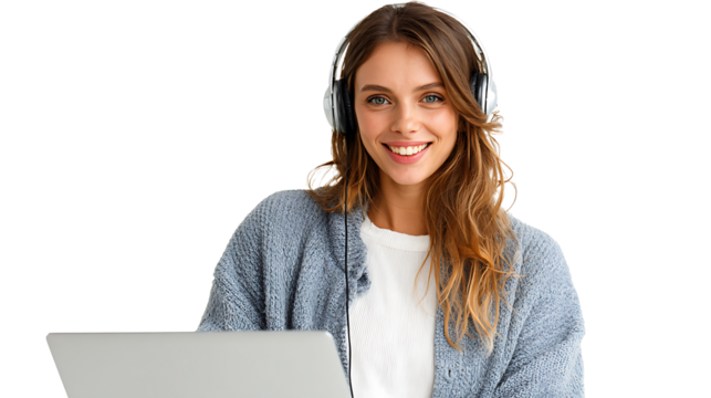 Smiling woman with headphones video chatting on laptop, isolated on a white background