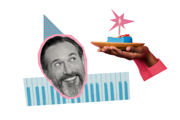 Composite trend artwork sketch image photo collage of happy birthday greeting congratulation cake sweet man head silhouette smile cone hat