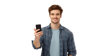 Young man in casual clothes holding phone and smiling, isolated on a white background