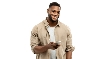 Young man in casual clothes holding phone and smiling, isolated on a white background