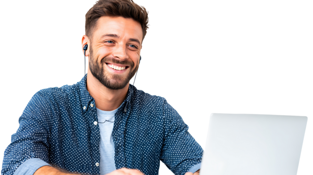 Smiling Latino man with wireless earbuds working on laptop, isolated on a white background