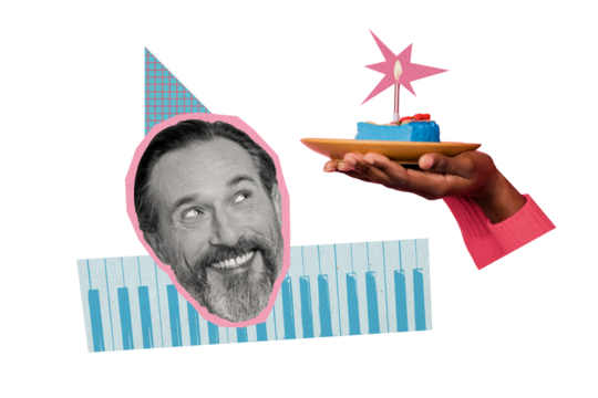 Composite trend artwork sketch image photo collage of happy birthday greeting congratulation cake sweet man head silhouette smile cone hat