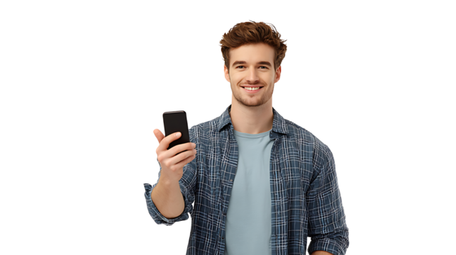 Young man in casual clothes holding phone and smiling, isolated on a white background