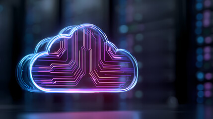 A mesmerizing digital rendering of a cloud computing icon, illuminated with neon-like circuitry, set against a dark, tech-inspired backdrop