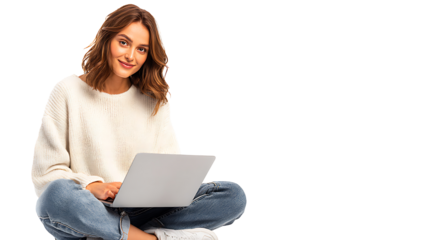 Happy young woman checking emails on laptop, isolated on a white background