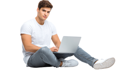 Young man sitting on floor with open laptop, isolated on a white background