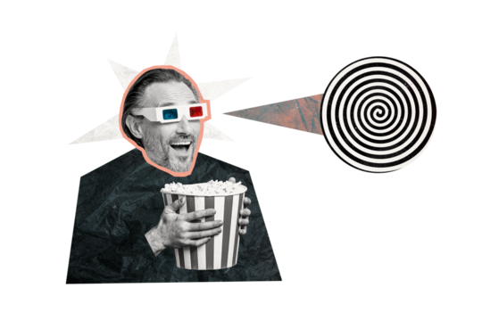 Collage picture image of cheerful happy man watching cinema isolated on drawing color background