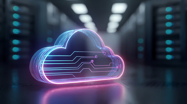 A futuristic cloud graphic with circuit board details in a server room, symbolizing the digital world
