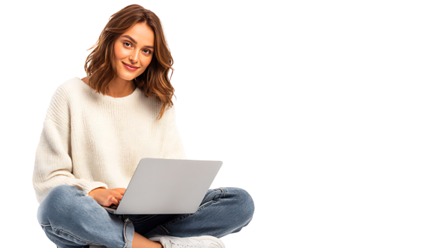 Happy young woman checking emails on laptop, isolated on a white background