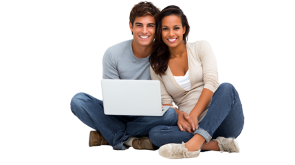 cheerful young couple shopping online with credit card and laptop isolated on white background