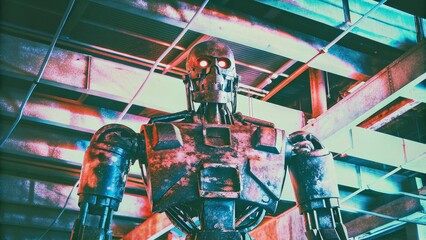 3D humanoid robot with glowing eyes standing in industrial building. Futuristic robot illustration, science fiction android concept with metallic body and cyberpunk atmosphere