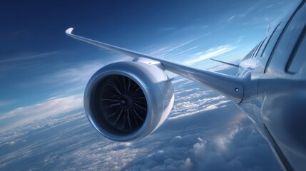 Airplane Jet Engine Wing Flying Above Clouds