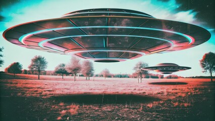 3D UFO spacecraft with glowing lights flying over field. Futuristic UFO illustration with alien spaceship in sky, modern science fiction concept and surreal digital artwork