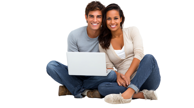 cheerful young couple shopping online with credit card and laptop isolated on white background