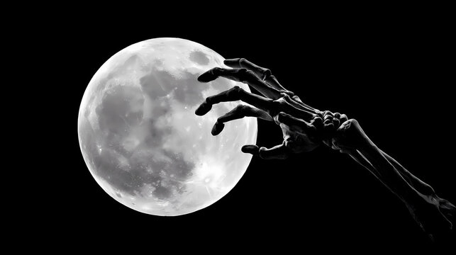 An eerie image of a skeletal hand reaching toward the moon in a dark night sky. The contrasting black and white enhance the dramatic effect and create an atmosphere of mystery and horror