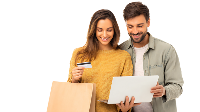 cheerful young couple shopping online with credit card and laptop isolated on white background
