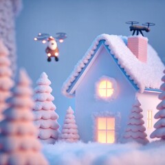 3D winter house with Santa and drone delivery in snowy forest. Cozy Christmas home with glowing windows and snow trees, festive 3D holiday illustration for seasonal design and decoration