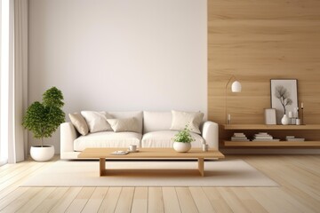 Fototapeta premium Stylish and minimalist living room featuring a comfortable white sofa, wooden coffee table, and decorative plants, creating a cozy atmosphere
